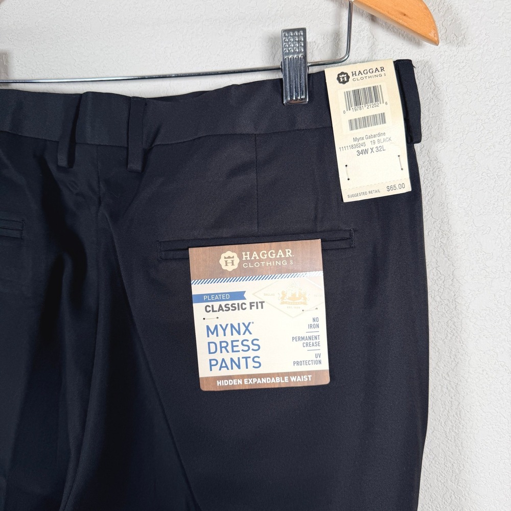 Haggar Mynx Dress Pants Pleated Classic Fit Mens 34x32 Black Gabardine Cuffed - Picture 4 of 5